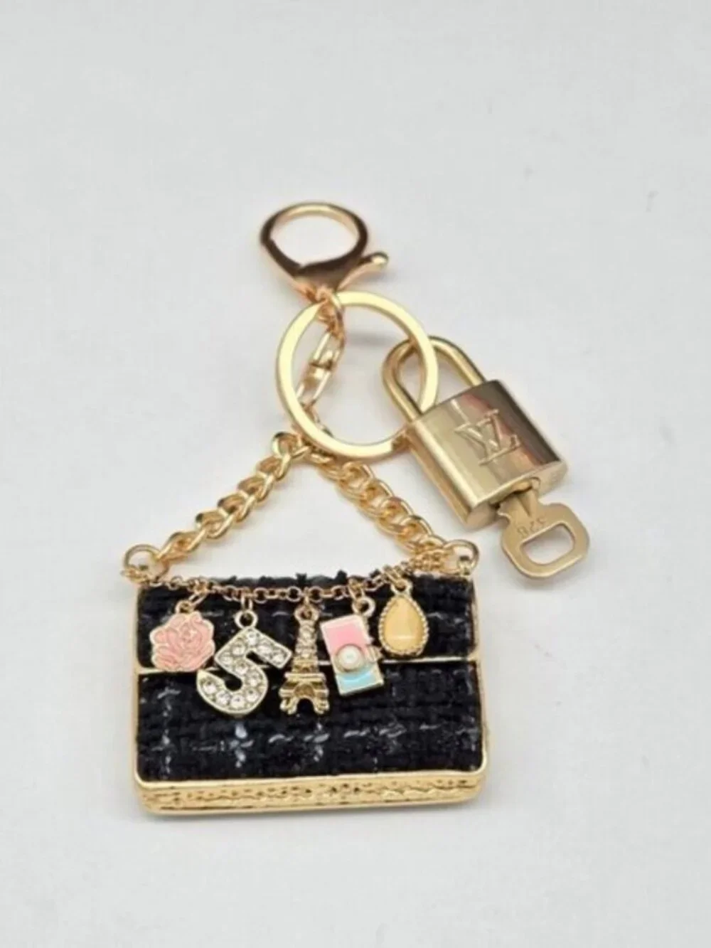 Authentic Louis Vuitton Padlock & Key Gold ✨Unbranded Tweed Bag Charm Keychain